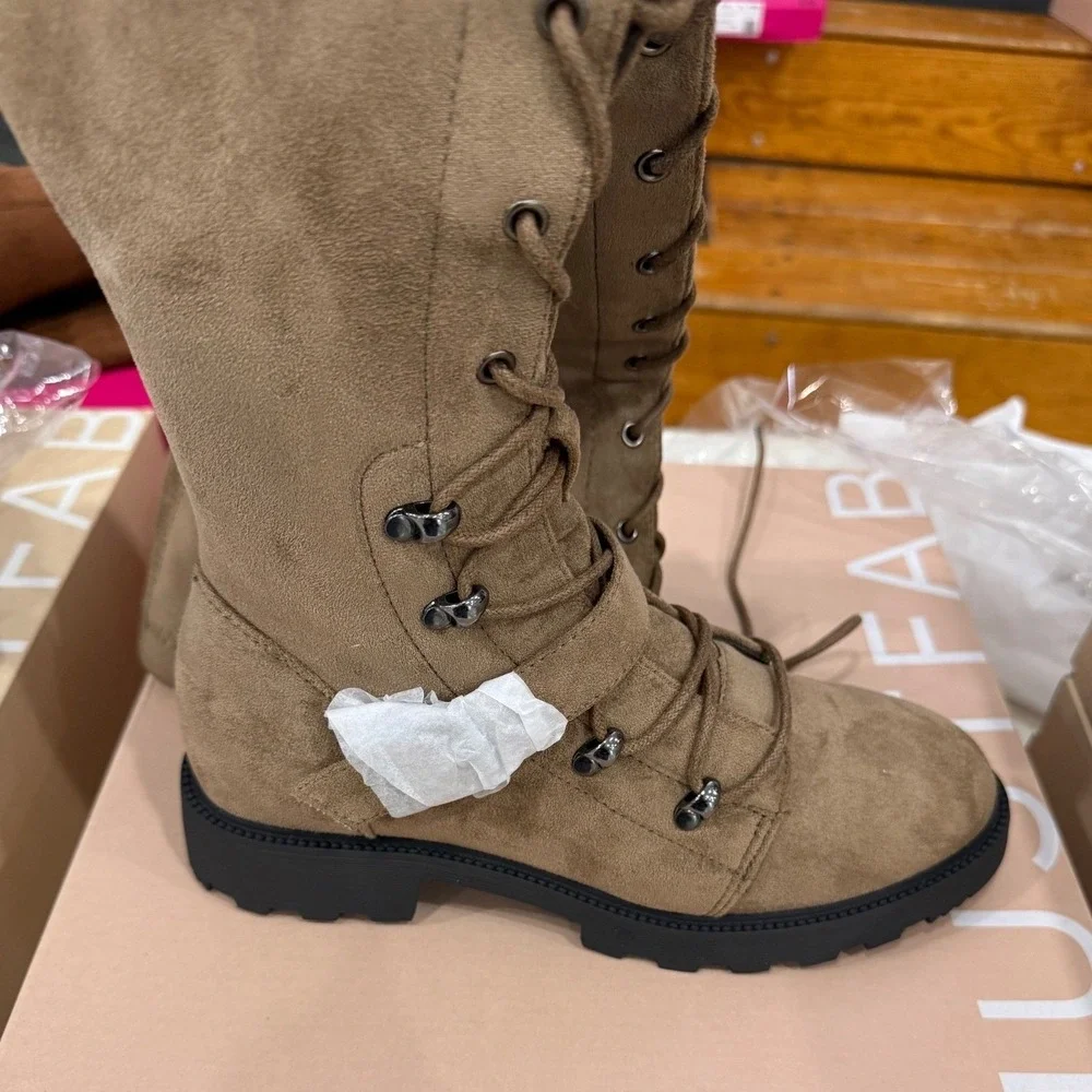 JustFab Phyllida Flat‎ Boots Women 7 Brown Over The Knee Lace Up Lug Sole Punk